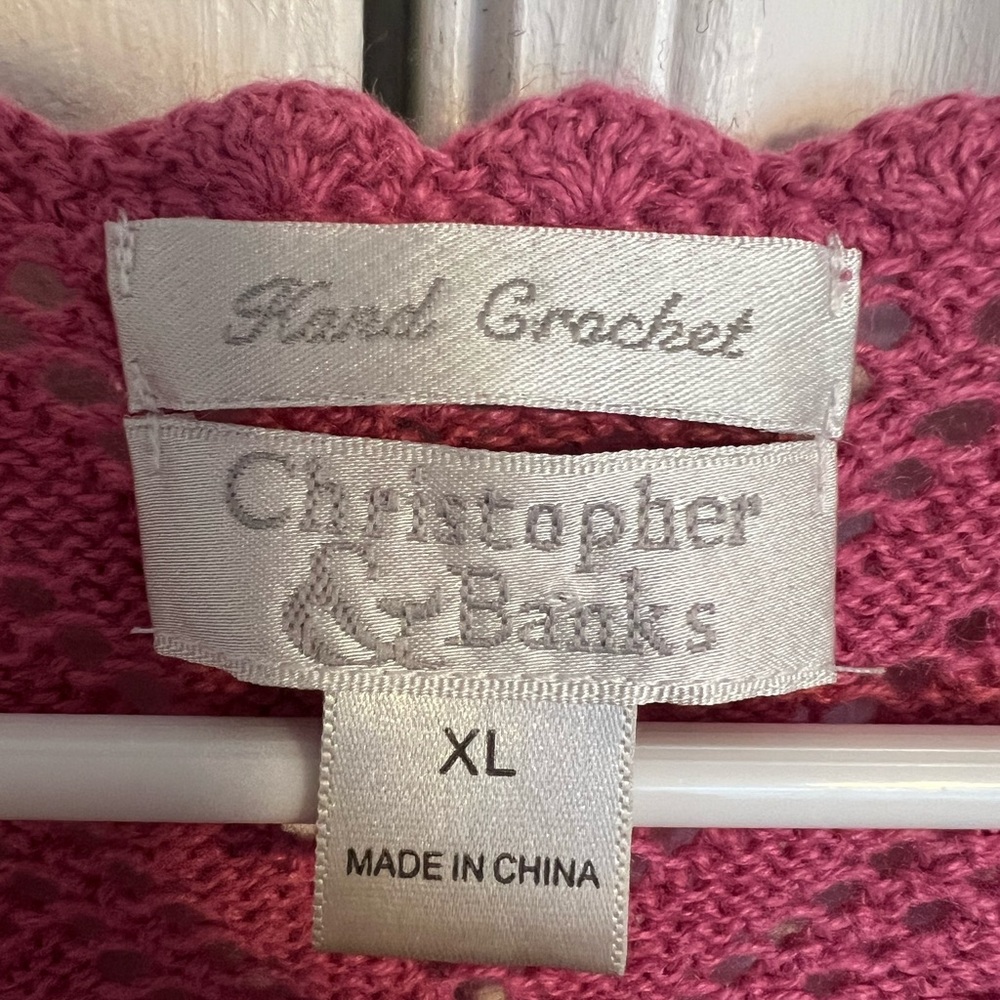 Christopher & Banks Vintage Pink Diamond Hand Crochet Cardigan Scalloped Open - Picture 4 of 6